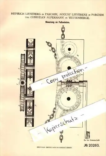 Original Patent -H. Lieseberg ,A. Lieverenz in Parchim und Ch. Alpermann in Wittenberge , 1882 , Faßwinden , Mecklenburg