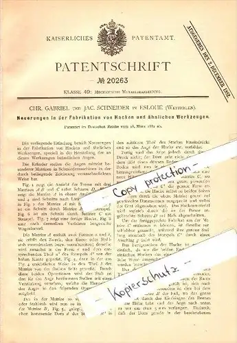 Original Patent - C. Gabriel und J. Schneider in Eslohe , 1882 , Fabrikation von Hacken und Werkzeug !!!