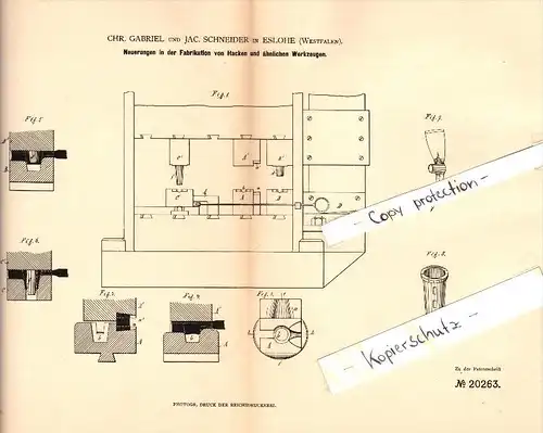 Original Patent - C. Gabriel und J. Schneider in Eslohe , 1882 , Fabrikation von Hacken und Werkzeug !!!
