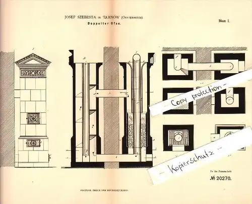 Original Patent - Josef Szebesta in Tarnów / Tarnau , 1882 , doppelter Ofen , Heizungsbau !!!