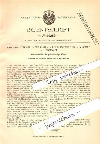 Original Patent - Louis Erdmenger in Misburg b. Hannover , 1882 , Mischmaschine für Pulver , C. Diener in Breslau!!!