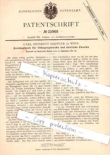 Original Patent - C. H. Haufler in Wien , 1882 , Zeichentisch für lithographische Zwecke , Lithographie !!!