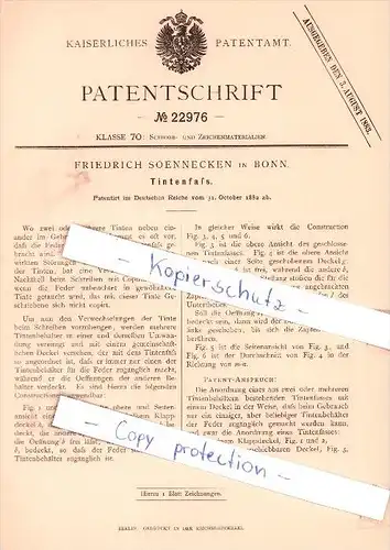 Original Patent - Friedrich Soennecken in Bonn , 1882 , Tintenfaß !!!
