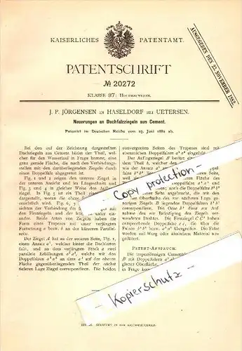 Original Patent - J.P. Jörgensen in Haseldorf b. Uetersen , 1882 , Dachziegel aus Cement , Dachdecker , Dach , Bau !!!