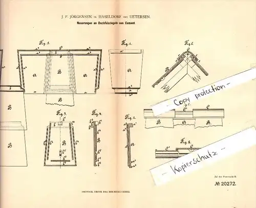 Original Patent - J.P. Jörgensen in Haseldorf b. Uetersen , 1882 , Dachziegel aus Cement , Dachdecker , Dach , Bau !!!