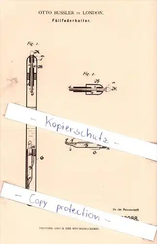 Original Patent - Otto Bussler in London , 1882 , Füllfederhalter , Federhalter !!!