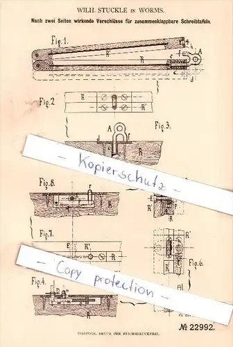 Original Patent - Wilh. Stuckle in Worms , 1882 , Schreibtafel , Tafel , Schule !!!