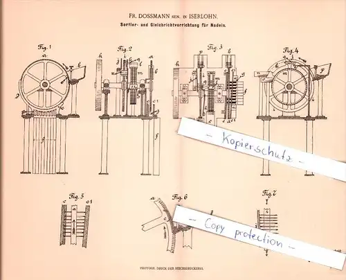 Original Patent - Fr. Dossmann sen. in Iserlohn , 1901 , Sortier- und Gleichrichtvorrichtung  !!!