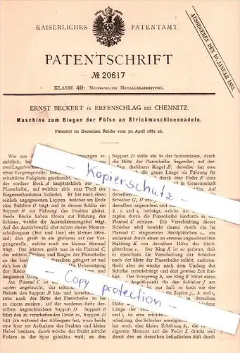 Original Patent - E. Beckert in Erfenschlag bei Chemnitz , 1882 , !!!