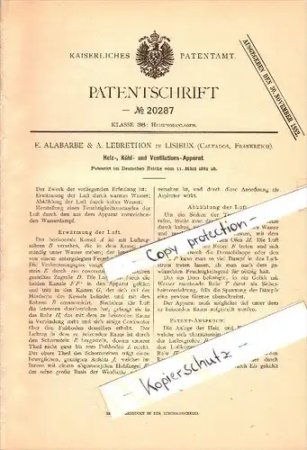 Original Patent - E. Alabarbe & A. Lebrethon à Lisieux , Calvados , 1882 , Chauffage et refroidissement appareil !!!
