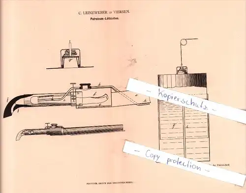 Original Patent - C. Leineweber in Viersen , 1882 , Petroleum-Lötkolben !!!