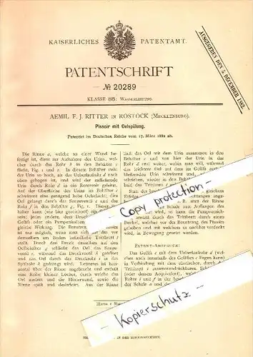 Original Patent - Aemil F.J. Ritter in Rostock i. Mecklenburg , 1882 , Pissoir mit Oelspülung , Toilette , WC !!!