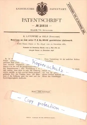 Original Patent - R. Latowski in Oels / Olesnica , Schlesien , 1882 , Neuerung an dem Läutewerk !!!