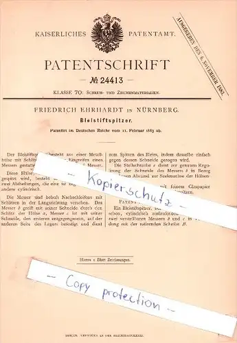 Original Patent - Friedrich Ehrhardt in Nürnberg , 1883 , Bleistiftanspitzer !!!