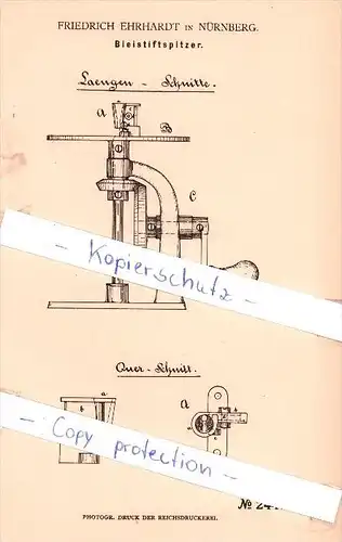 Original Patent - Friedrich Ehrhardt in Nürnberg , 1883 , Bleistiftanspitzer !!!