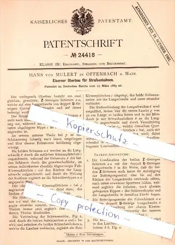 Original Patent - Hans von Mulert in Offenbach a. Main , 1883 , Eiserner Oberbau für Straßenbahnen !!!