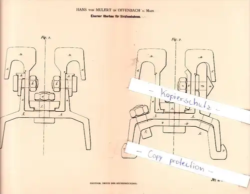 Original Patent - Hans von Mulert in Offenbach a. Main , 1883 , Eiserner Oberbau für Straßenbahnen !!!