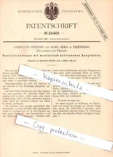 Original Patent - C. Werner und K. Berg in Friedberg , Grossherzogth. Hessen , 1883 , Feuerung , Heizungsbau !!!