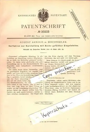 Original Patent - August Arnold à Bischweiler / Bischwiller , 1882 , Production de remplie de briques de cendres !!!