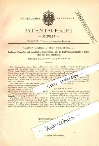 Original Patent - August Arnold à Bischweiler / Bischwiller , 1882 , Poêle en brique allemande avec cheminée !!!