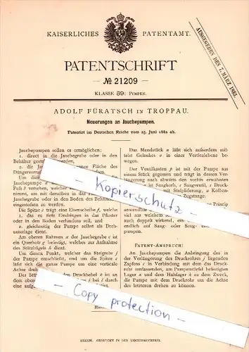 Original Patent - Adolf Füratsch in Troppau / Opava , 1882 , Neuerungen an Jauchepumpen !!!