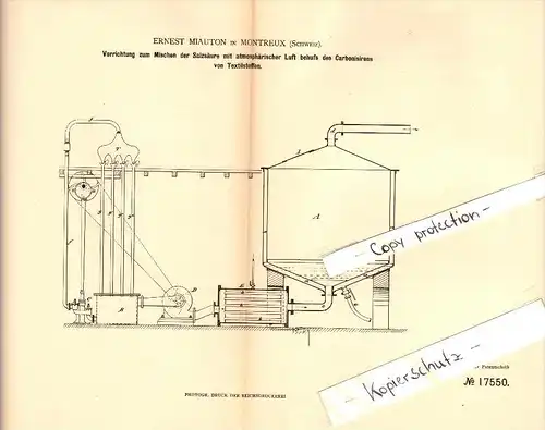 Original Patent - Ernest Miauton in Montreux , Schweiz , 1881 , Mischen von Salzsäure mit Luft , Textilstoffe , Stoffe !