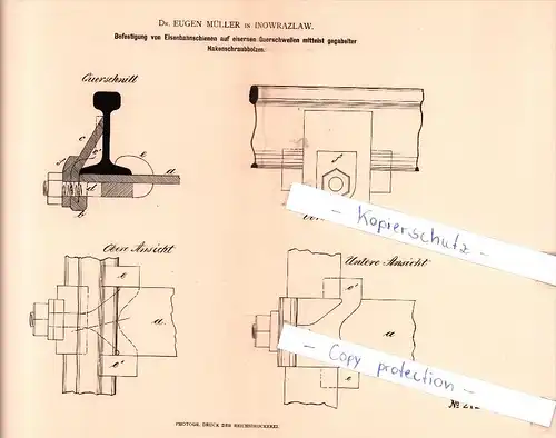 Original Patent - Dr. Eugen Müller in Inowrazlaw / Inowroclaw , 1882 , Befestigung von Eisenbahnschienen  !!!