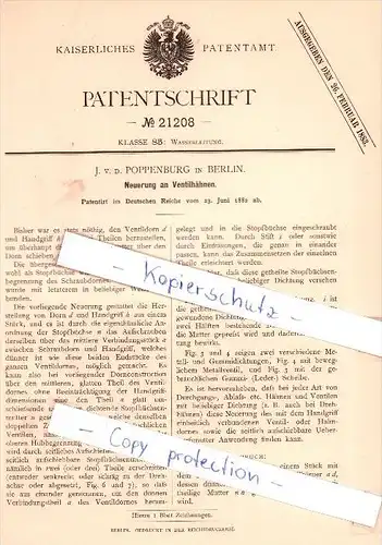 Original Patent -  J. v. d. Poppenburg in Berlin , 1882 , Neuerung an Ventilhähnen !!!