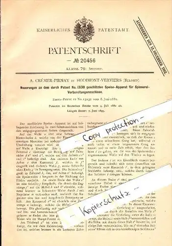 Original Patent - A. Crémer-Pirnay in Hodimont - Verviers , 1882 , Speise-Apparat für Spinnerei !!!