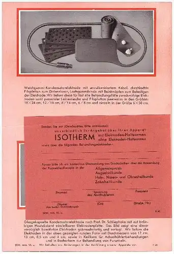 original Prospekt / Werbung - Siemens ISOTHERM , 30er Jahre , Röhrenapparat , Kurzwellentherapie , Arzt , Therapie !!!
