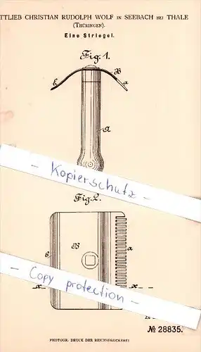 Original Patent - G. C. R. Wolf in Seebach bei Thale , Thüringen , 1884 , Eine Striegel !!!