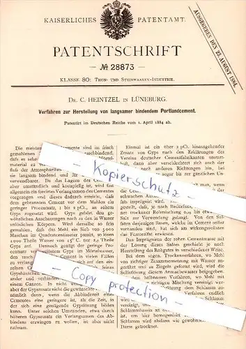 Original Patent - Dr. C. Heintzel in Lüneburg , 1884 , Herstellung von Portlandcement !!!