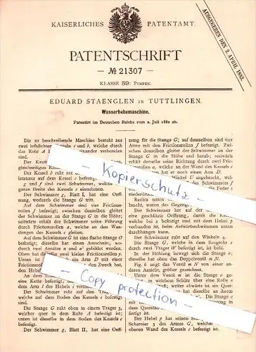 Original Patent - Eduard Staenglen in Tuttlingen , 1882 , Wasserhebemaschine !!!