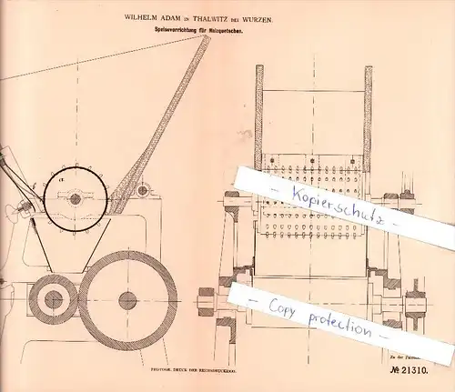 Original Patent - W. Adam in Thalwitz bei Wurzen , 1882 , Speisevorrichtung für Malzquetschen !!!