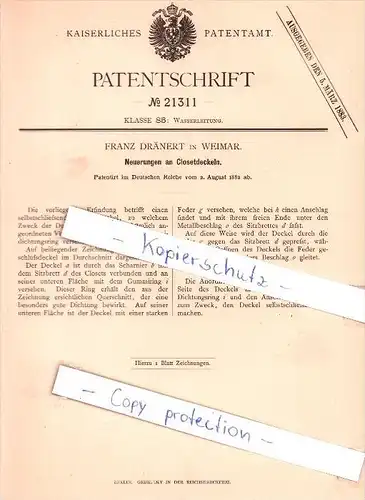 Original Patent - Franz Dränert in Weimar , 1882 , Neuerungen an Closetdeckeln !!!