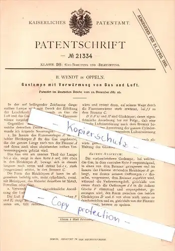 Original Patent - B. Wendt in Oppeln , 1881 , Gaslampe mit Vorwärmung von Gas und Luft !!!