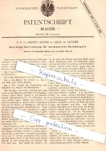 Original Patent - P. D. G. Sieper's Söhne in Oege bei Lennep , 1882 , Spinnerei , Remscheid !!!