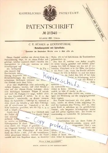 Original Patent - C. E. Büssen in Eckernförde , 1882 , Rotationspendel mit Spiralfeder !!!