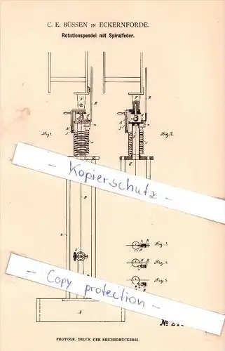 Original Patent - C. E. Büssen in Eckernförde , 1882 , Rotationspendel mit Spiralfeder !!!