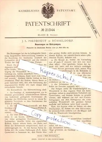 Original Patent - J. L. Piedboeuf in Düsseldorf , 1882 , Neuerungen an Bohrpumpen !!!