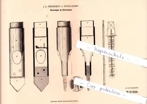 Original Patent - J. L. Piedboeuf in Düsseldorf , 1882 , Neuerungen an Bohrpumpen !!!