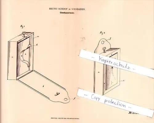 Original Patent -  Bruno Schoof in Wiesbaden , 1882 , Closetpapierhalter !!!