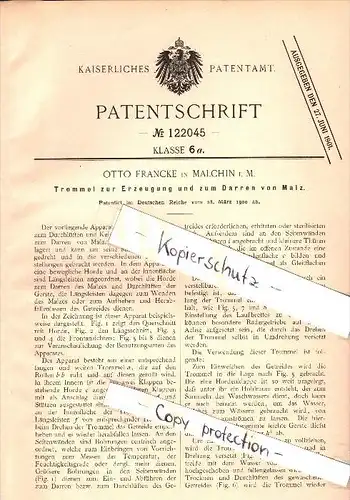 Original Patent - Otto Francke in Malchin i. Mecklenburg , 1900 , Erzeugung von Malz , Brauerei , Alkohol , Bier !!!