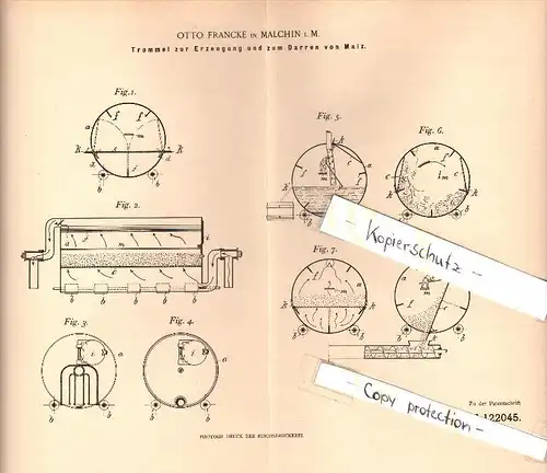 Original Patent - Otto Francke in Malchin i. Mecklenburg , 1900 , Erzeugung von Malz , Brauerei , Alkohol , Bier !!!