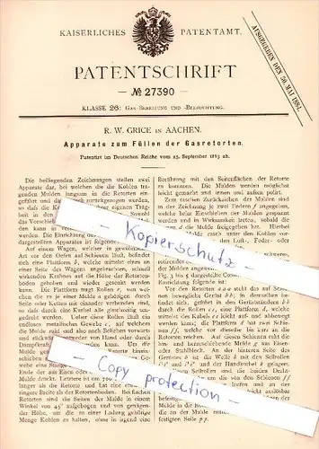 Original Patent  - R. W. Grice in Aachen , 1883 ,  Apparate zum Füllen der Gasretorten !!!