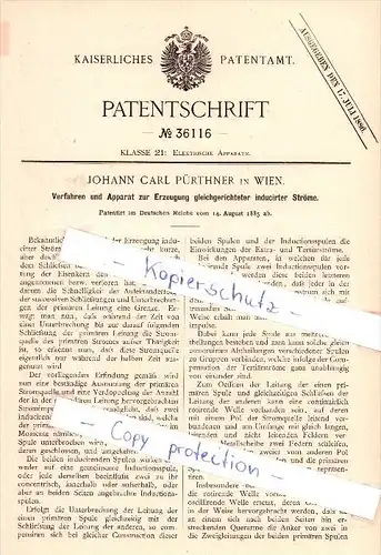 Original Patent  - Johann Carl Pürthner in Wien , 1885 , Erzeugung gleichgerichteter Ströme , Elektrik !!!