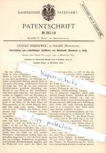 Original Patent  - G. Erkenzweig in Hagen , Westfalen , 1885 , Umführen von Walzdraht !!!
