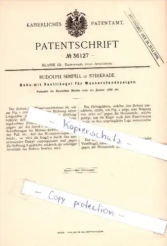 Original Patent  - R. Sempell in Sterkrade , 1886 , Hahn mit Ventilkugel für Wasserstandszeiger !!!