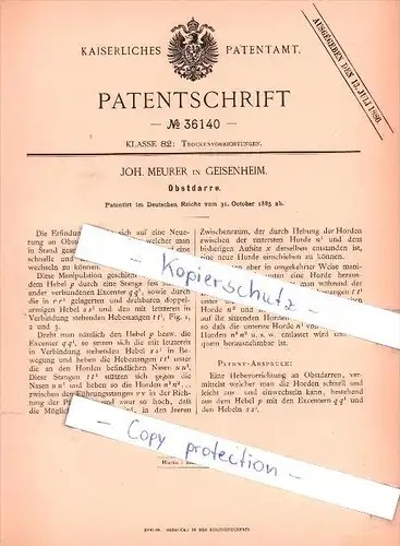 Original Patent  - Joh. Maurer in Geisenheim , 1885 , Obstdarre  !!!