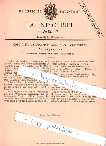 Original Patent  - Carl Friedr. Schempp in Nürtingen , Würtemberg , 1886 , Zeitungshalter !!!